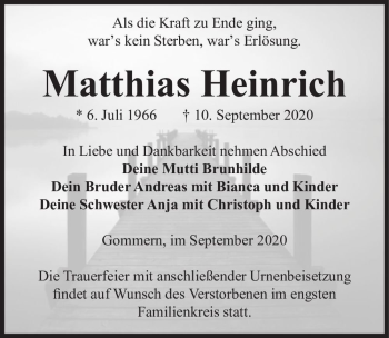 Traueranzeige von Matthias Heinrich  von Magdeburger Volksstimme