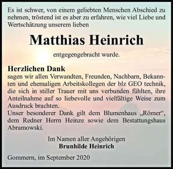 Traueranzeige von Matthias Heinrich  von Magdeburger Volksstimme