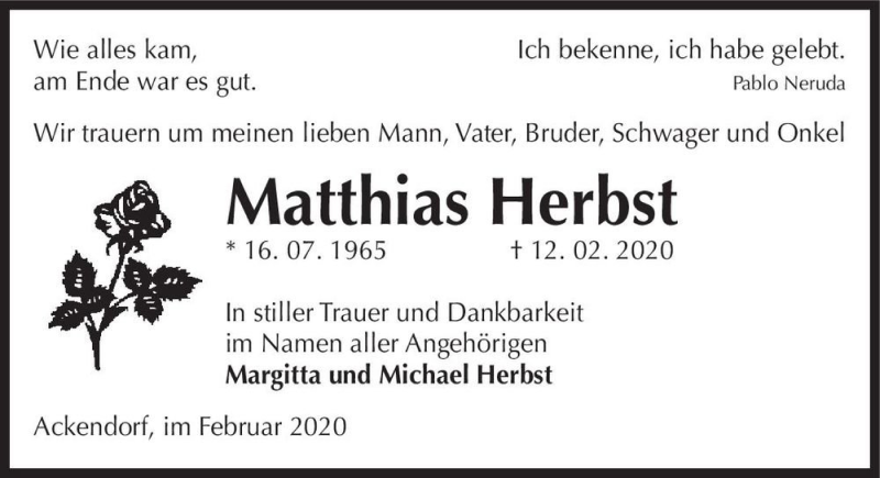  Traueranzeige für Matthias Herbst  vom 15.02.2020 aus Magdeburger Volksstimme