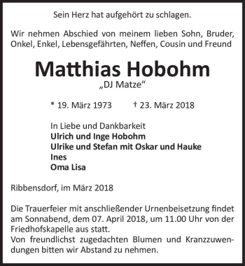 Traueranzeige von Matthias Hobohm ,,DJ Matze