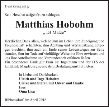 Traueranzeige von Matthias Hobohm ,, DJ Matze