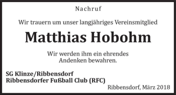 Traueranzeige von Matthias Hobohm  von Magdeburger Volksstimme