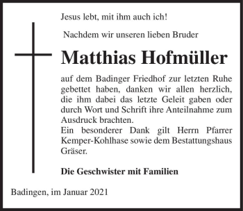 Traueranzeige von Matthias Hofmüller  von Magdeburger Volksstimme