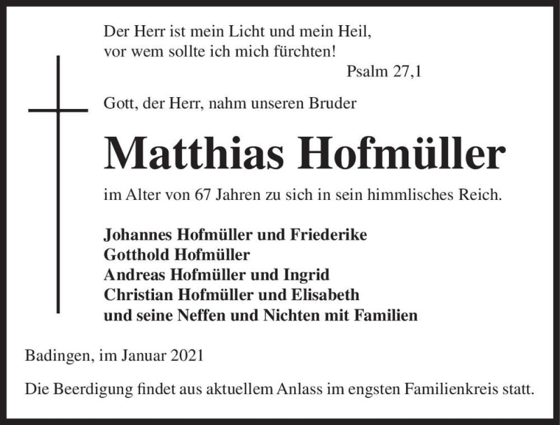  Traueranzeige für Matthias Hofmüller  vom 05.01.2021 aus Magdeburger Volksstimme