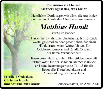 Traueranzeige von Matthias Hundt  von Magdeburger Volksstimme