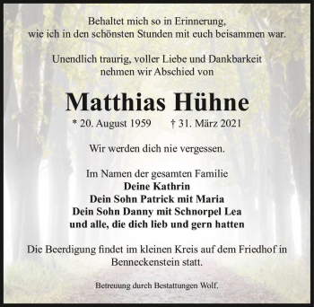 Traueranzeige von Matthias Hühne  von Magdeburger Volksstimme