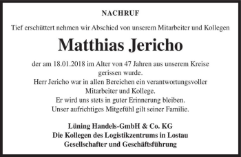 Traueranzeige von Matthias Jerichow  von Magdeburger Volksstimme