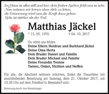 Traueranzeige von Matthias Jäckel  von Magdeburger Volksstimme