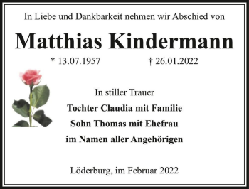 Traueranzeige von Matthias Kindermann  von Magdeburger Volksstimme