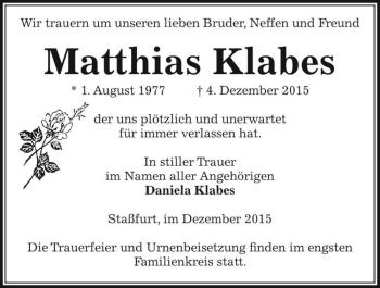 Traueranzeige von Matthias Klabes  von Magdeburger Volksstimme