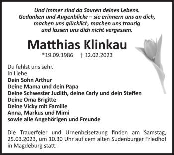 Traueranzeige von Matthias Klinkau  von Magdeburger Volksstimme