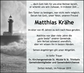 Traueranzeige von Matthias Krähe  von Magdeburger Volksstimme
