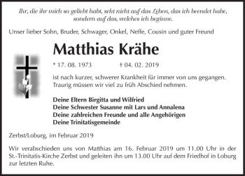 Traueranzeige von Matthias Krähe  von Magdeburger Volksstimme