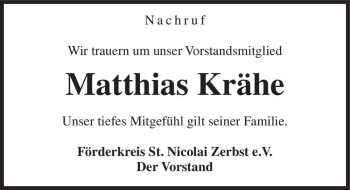 Traueranzeige von Matthias Krähe  von Magdeburger Volksstimme