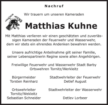 Traueranzeige von Matthias Kuhne  von Magdeburger Volksstimme