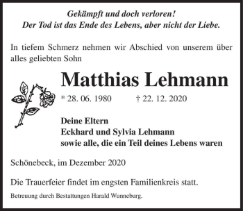 Traueranzeige von Matthias Lehmann  von Magdeburger Volksstimme