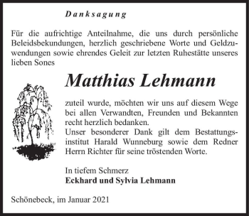 Traueranzeige von Matthias Lehmann  von Magdeburger Volksstimme