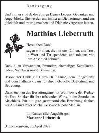Traueranzeige von Matthias Liebetruth  von Magdeburger Volksstimme