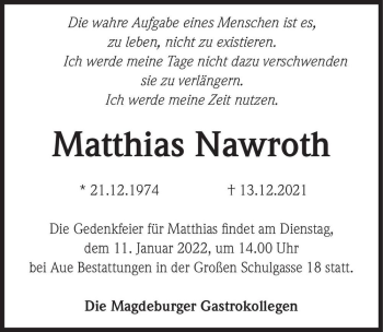 Traueranzeige von Matthias Nawroth  von Magdeburger Volksstimme