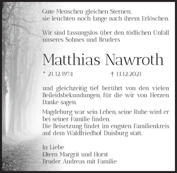 Traueranzeige von Matthias Nawroth  von Magdeburger Volksstimme