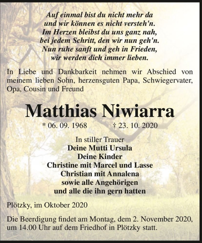  Traueranzeige für Matthias Niwiarra  vom 30.10.2020 aus Magdeburger Volksstimme