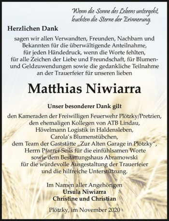 Traueranzeige von Matthias Niwiarra  von Magdeburger Volksstimme