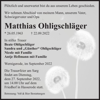 Traueranzeige von Matthias Ohligschläger  von Magdeburger Volksstimme