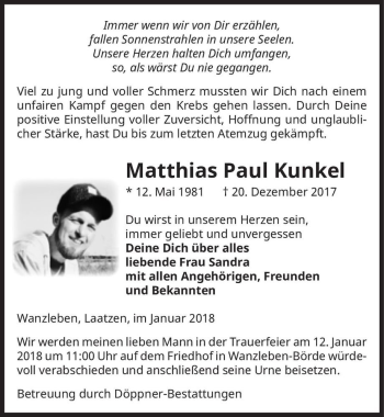 Traueranzeige von Matthias Paul Kunkel  von Magdeburger Volksstimme