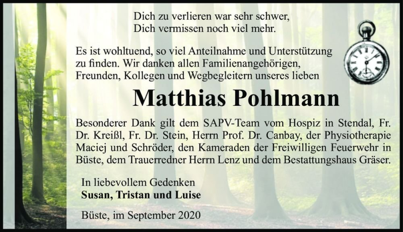  Traueranzeige für Matthias Pohlmann  vom 01.09.2020 aus Magdeburger Volksstimme