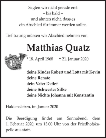 Traueranzeige von Matthias Quatz  von Magdeburger Volksstimme
