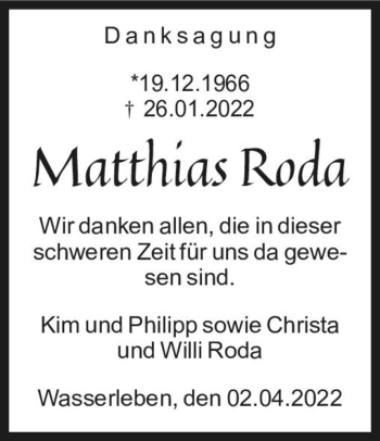 Traueranzeige von Matthias Roda  von Magdeburger Volksstimme
