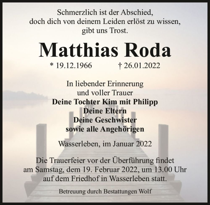  Traueranzeige für Matthias Roda  vom 05.02.2022 aus Magdeburger Volksstimme