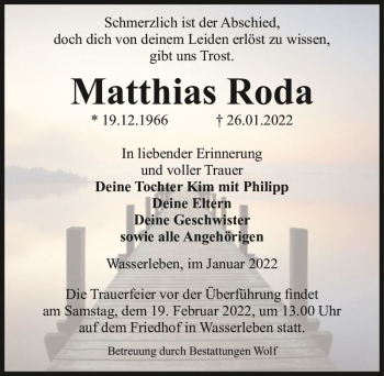 Traueranzeige von Matthias Roda  von Magdeburger Volksstimme