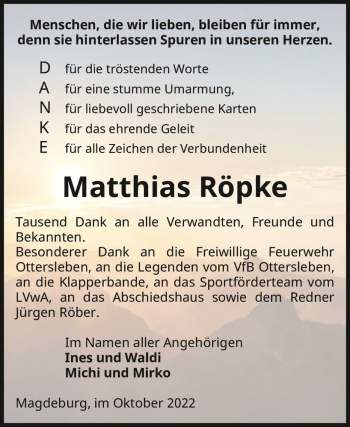 Traueranzeige von Matthias Röpke  von Magdeburger Volksstimme
