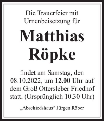 Traueranzeige von Matthias Röpke  von Magdeburger Volksstimme