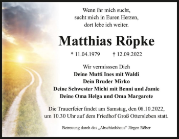Traueranzeige von Matthias Röpke  von Magdeburger Volksstimme
