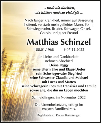 Traueranzeige von Matthias Schinzel  von Magdeburger Volksstimme