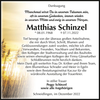 Traueranzeige von Matthias Schinzel  von Magdeburger Volksstimme