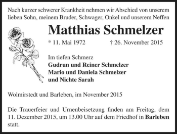 Traueranzeige von Matthias Schmelzer  von Magdeburger Volksstimme