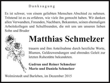 Traueranzeige von Matthias Schmelzer  von Magdeburger Volksstimme