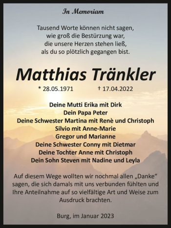 Traueranzeige von Matthias Tränkler  von Magdeburger Volksstimme