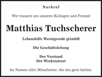 Traueranzeige von Matthias Tuchscherer  von Magdeburger Volksstimme