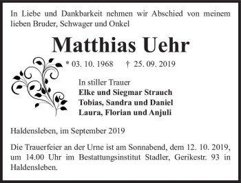 Traueranzeige von Matthias Uehr  von Magdeburger Volksstimme