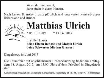 Traueranzeige von Matthias Ulrich  von Magdeburger Volksstimme