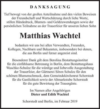 Traueranzeige von Matthias Wachtel  von Magdeburger Volksstimme