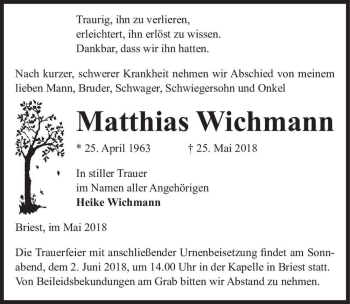 Traueranzeige von Matthias Wichmann  von Magdeburger Volksstimme