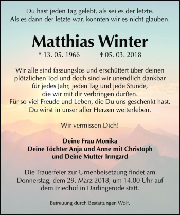 Traueranzeige von Matthias Winter  von Magdeburger Volksstimme