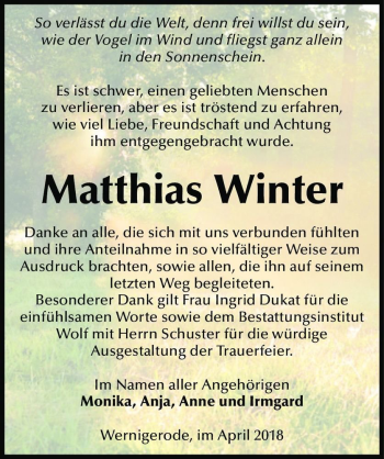Traueranzeige von Matthias Winter  von Magdeburger Volksstimme
