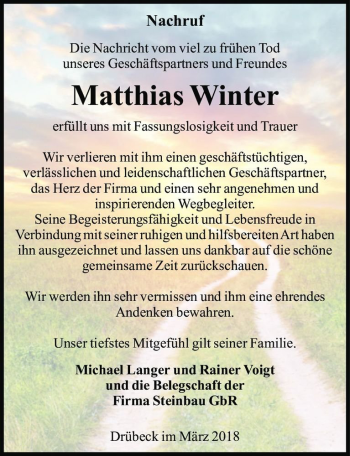 Traueranzeige von Matthias Winter  von Magdeburger Volksstimme