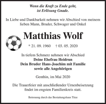 Traueranzeige von Matthias Wolf  von Magdeburger Volksstimme